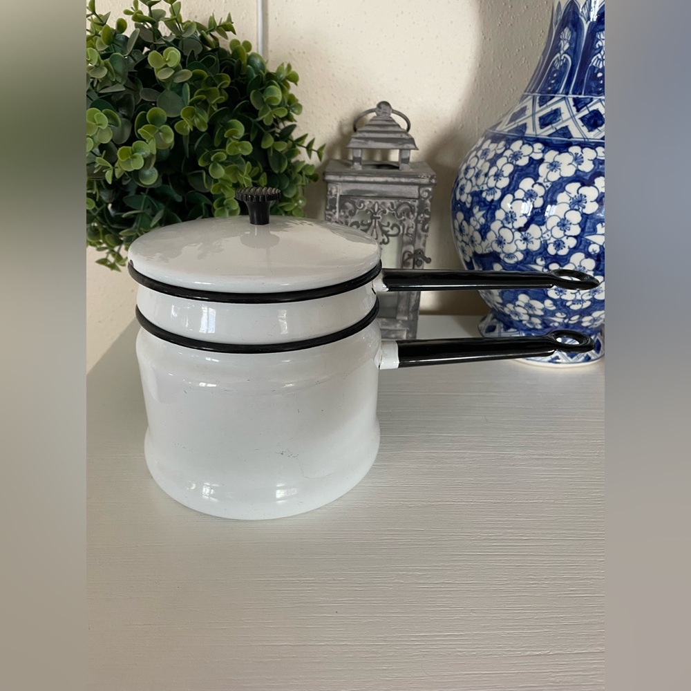 Vintage Enamel Double Boiler Black trim White Pot Lid W/coffee Percolator